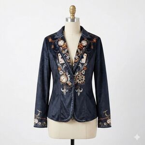 Navy Embroidered Blazer with Clock Motif